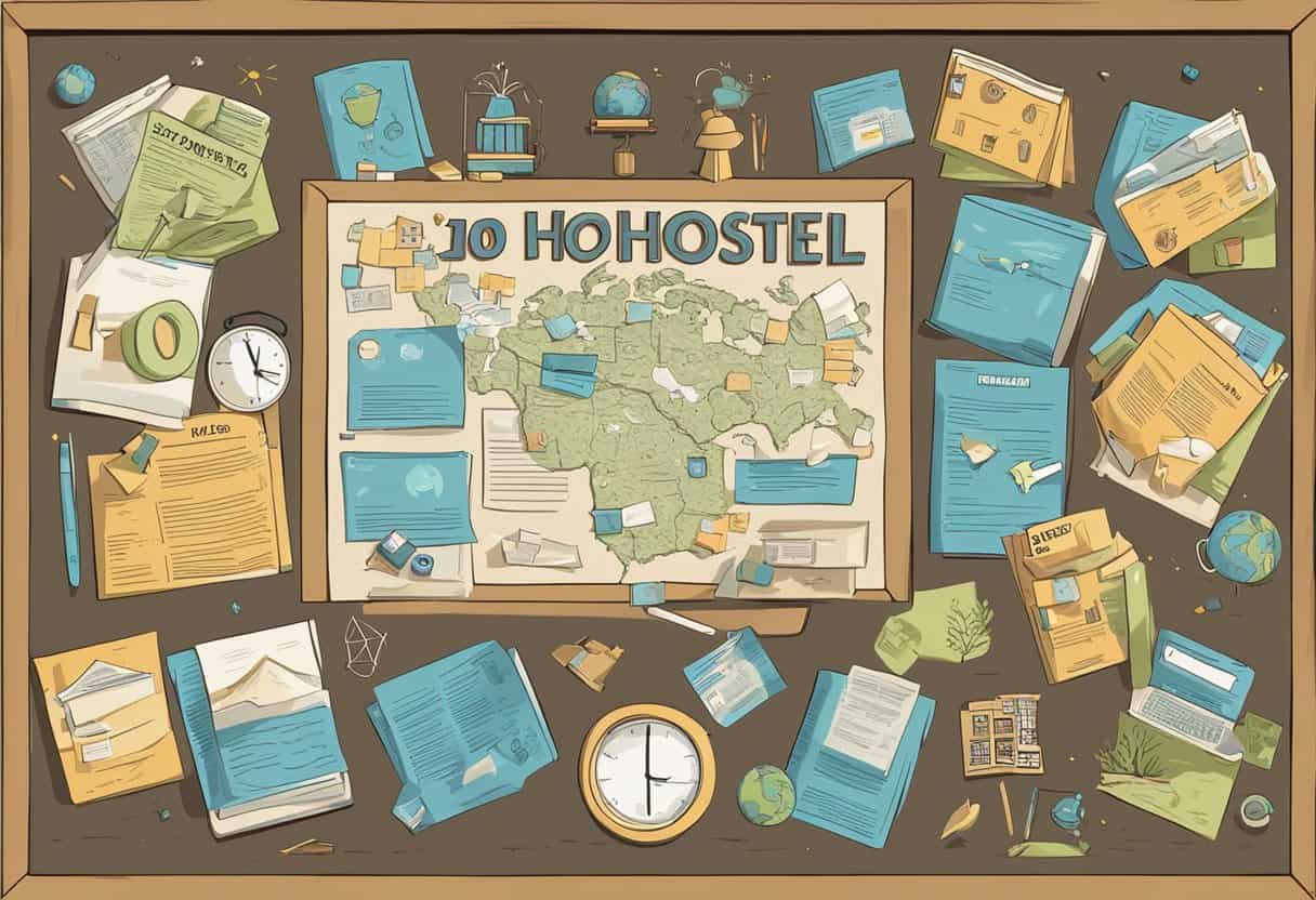 A bulletin board with "Top 10 Tips for Picking a Good Hostel" surrounded by various hostel-related images and symbols
