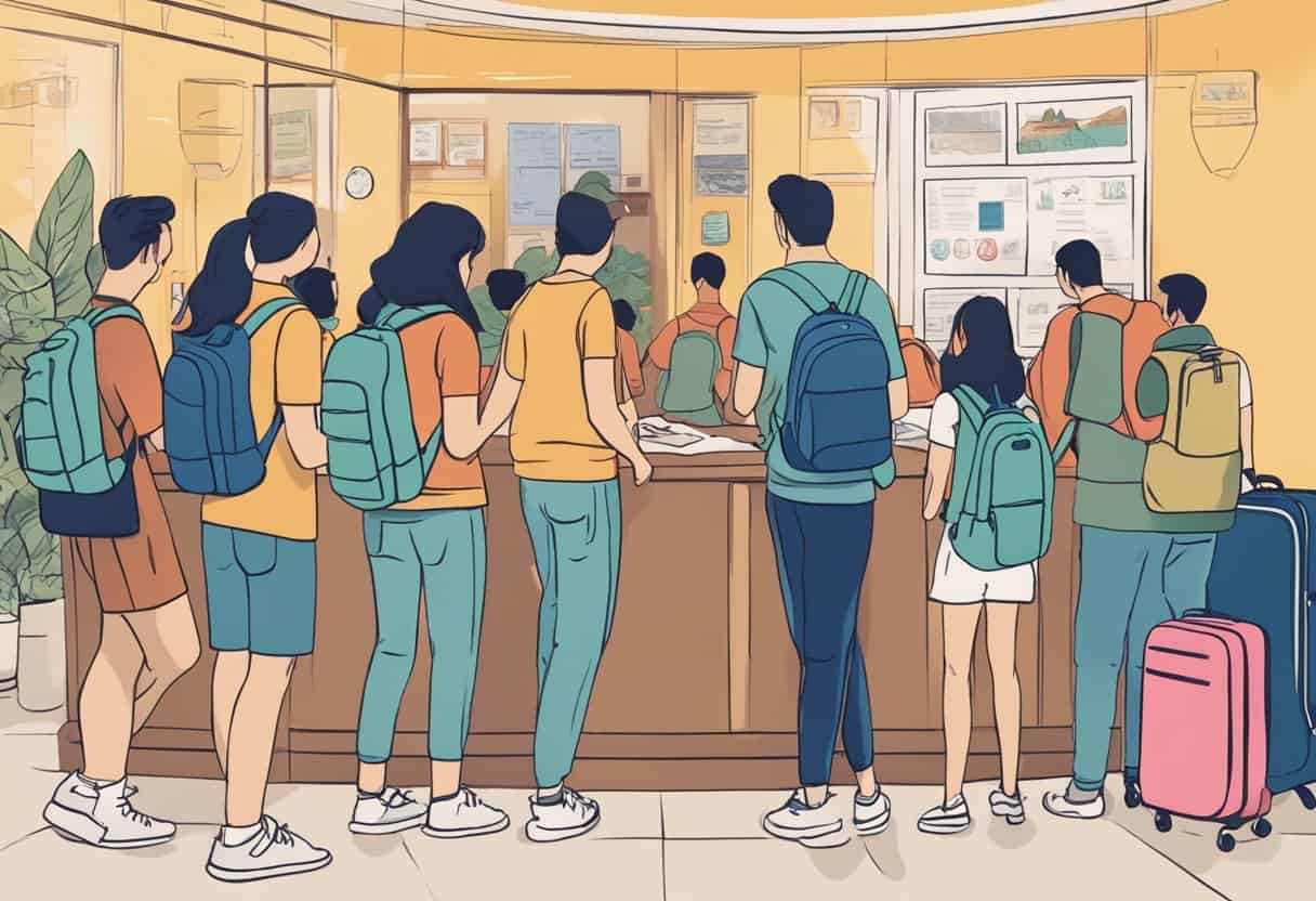 Guests gather around a hostel reception desk, where a sign lists "Top 10 Tips on How to Pick a Good Hostel." Backpacks and luggage are scattered nearby