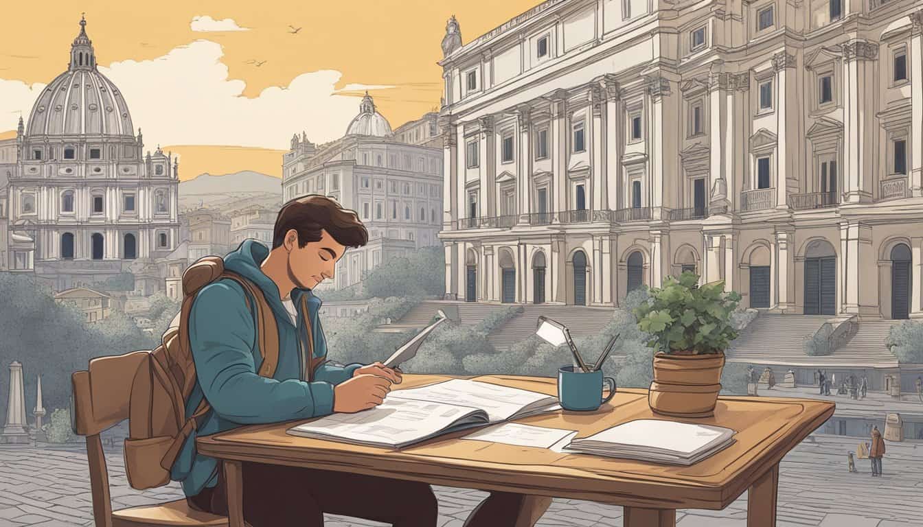 A traveler sits at a desk, browsing through a list of top-rated hostels in Rome. Maps and guidebooks lay scattered around, as the person carefully selects the best accommodation for their trip