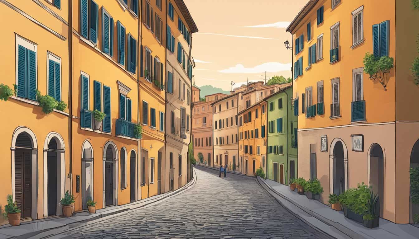 A bustling street in Rome, with colorful buildings lining the cobblestone road. A sign reading "Top-Rated Hostels in Rome" hangs above a charming entrance