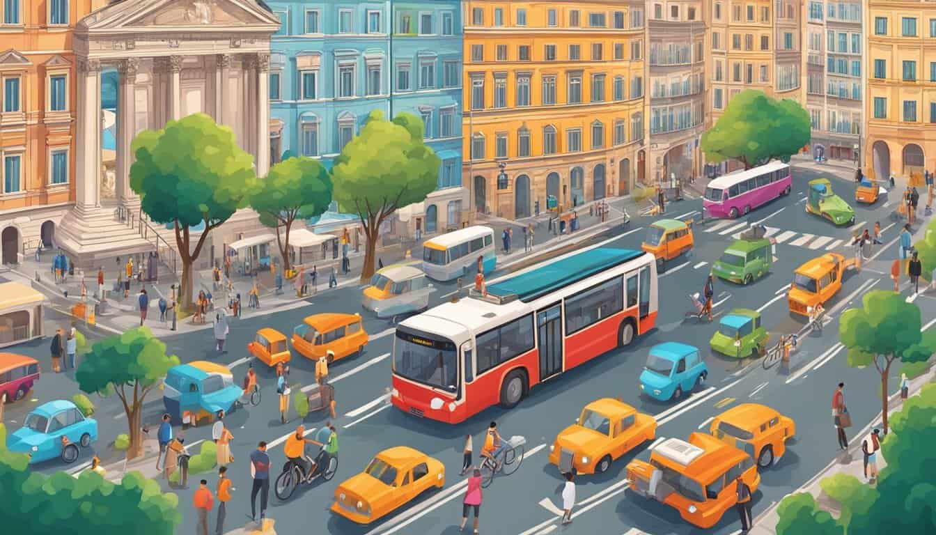 Vibrant cityscape with iconic Roman landmarks, bustling streets, and various modes of transportation like buses, bicycles, and scooters