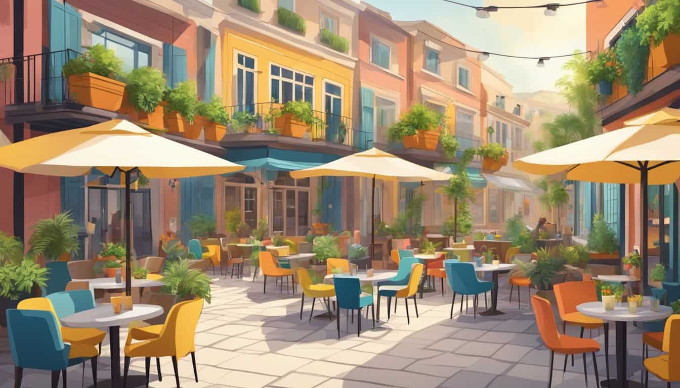 A bustling courtyard with colorful facades and hanging plants. Tables and chairs fill the space, inviting travelers to relax and socialize