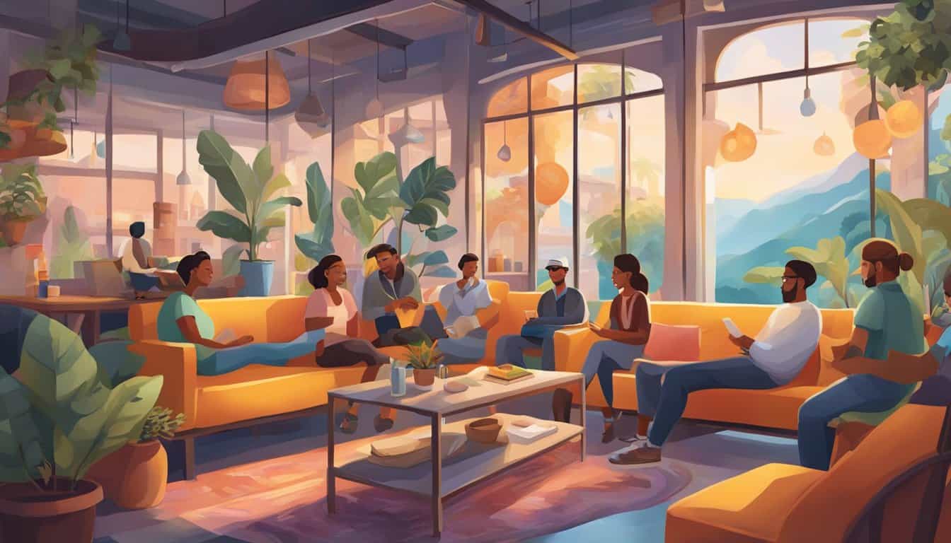 A cozy common area with colorful murals, comfy seating, and travelers from around the world chatting and sharing stories