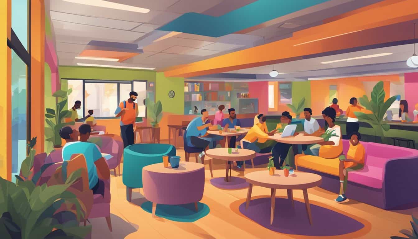A bustling hostel common area with travelers socializing, playing games, and sharing meals. Brightly colored walls and cozy seating create a welcoming atmosphere