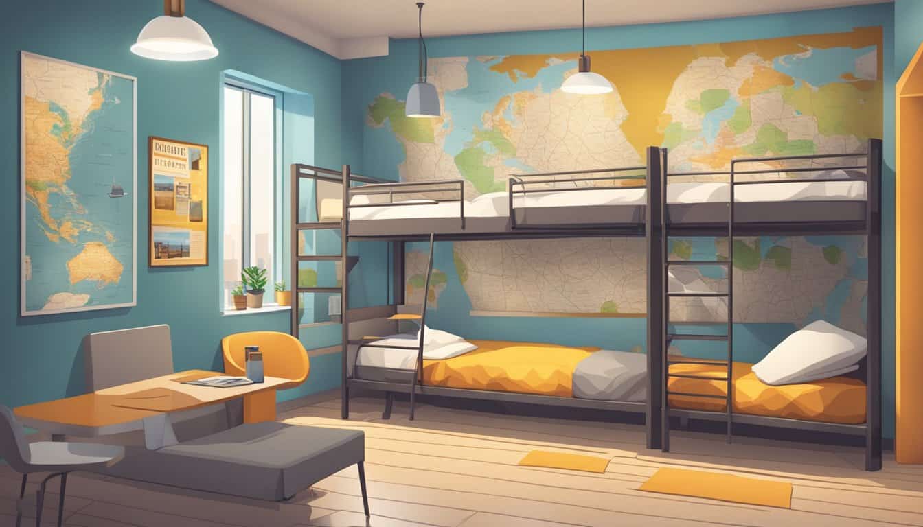 Brightly lit, modern hostel interiors with cozy common areas and clean, comfortable bunk beds. City map and travel brochures on display