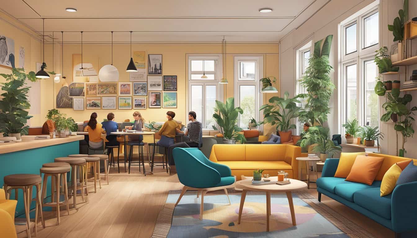 A bustling common area in a Stockholm hostel, with travelers chatting, playing games, and lounging in cozy seating areas. The atmosphere is vibrant and welcoming, with colorful decor and a mix of international accents
