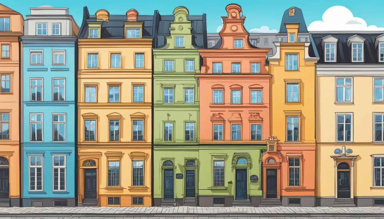 A row of colorful, historic buildings line a cobblestone street in Stockholm, with vibrant signs advertising the best hostels