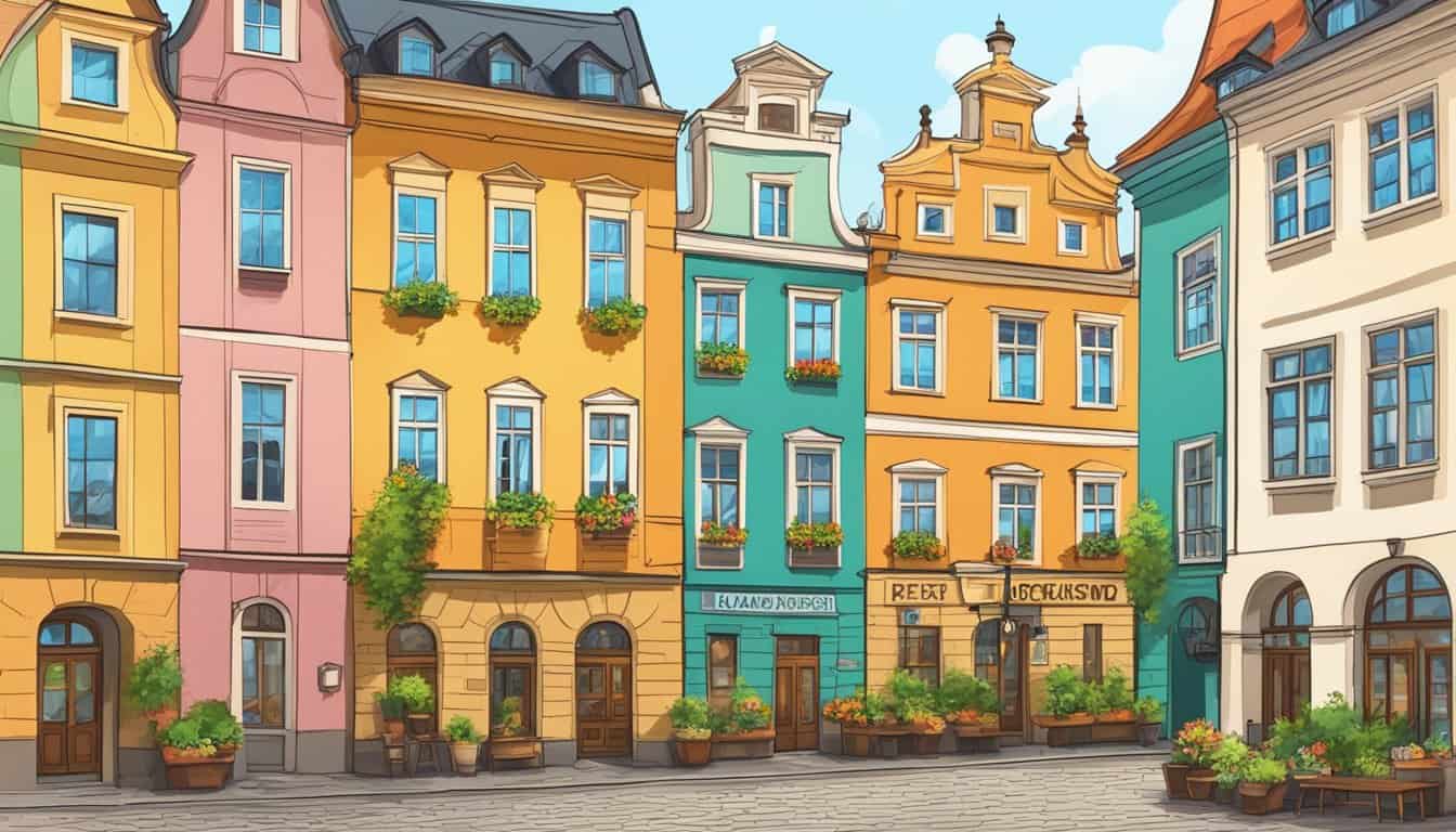 A row of colorful buildings line the cobblestone streets of Krakow, with vibrant signs and open windows welcoming travelers to the best hostels in the city