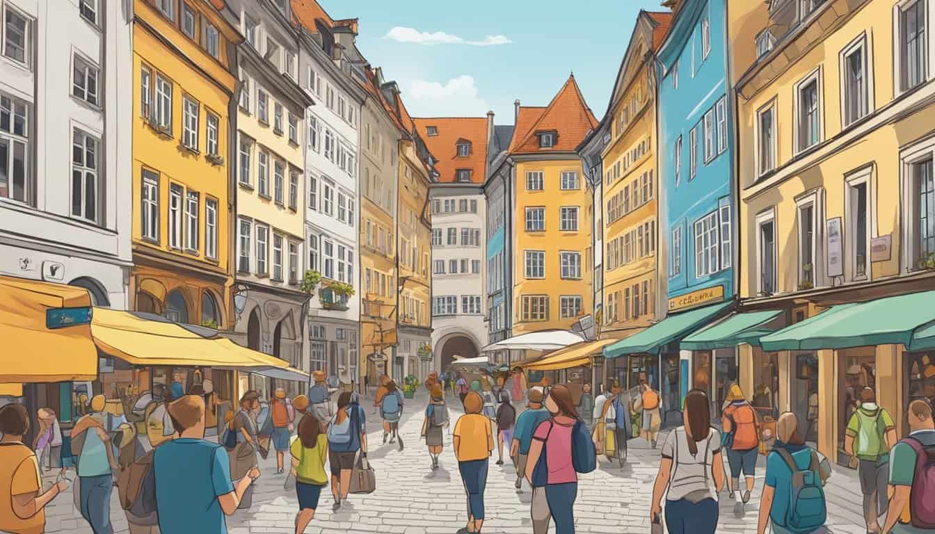 A bustling street in Munich lined with colorful buildings, each displaying a sign for a different hostel. Tourists mill about, some entering and exiting the various establishments, while others consult maps and guidebooks