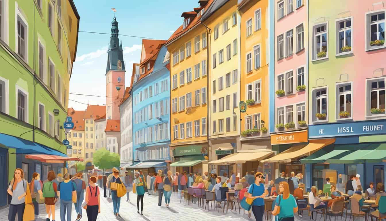 A bustling street in Munich with colorful hostel signs and tourists exploring the city