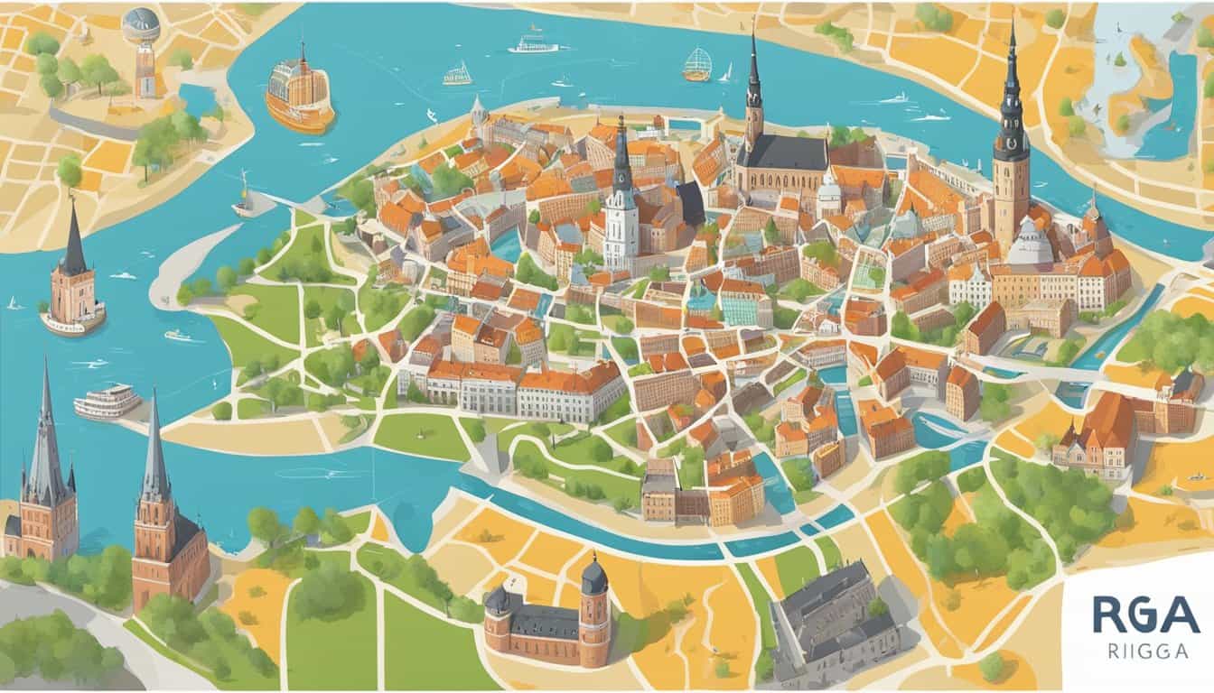 A colorful map of Riga with labeled hostels and key landmarks