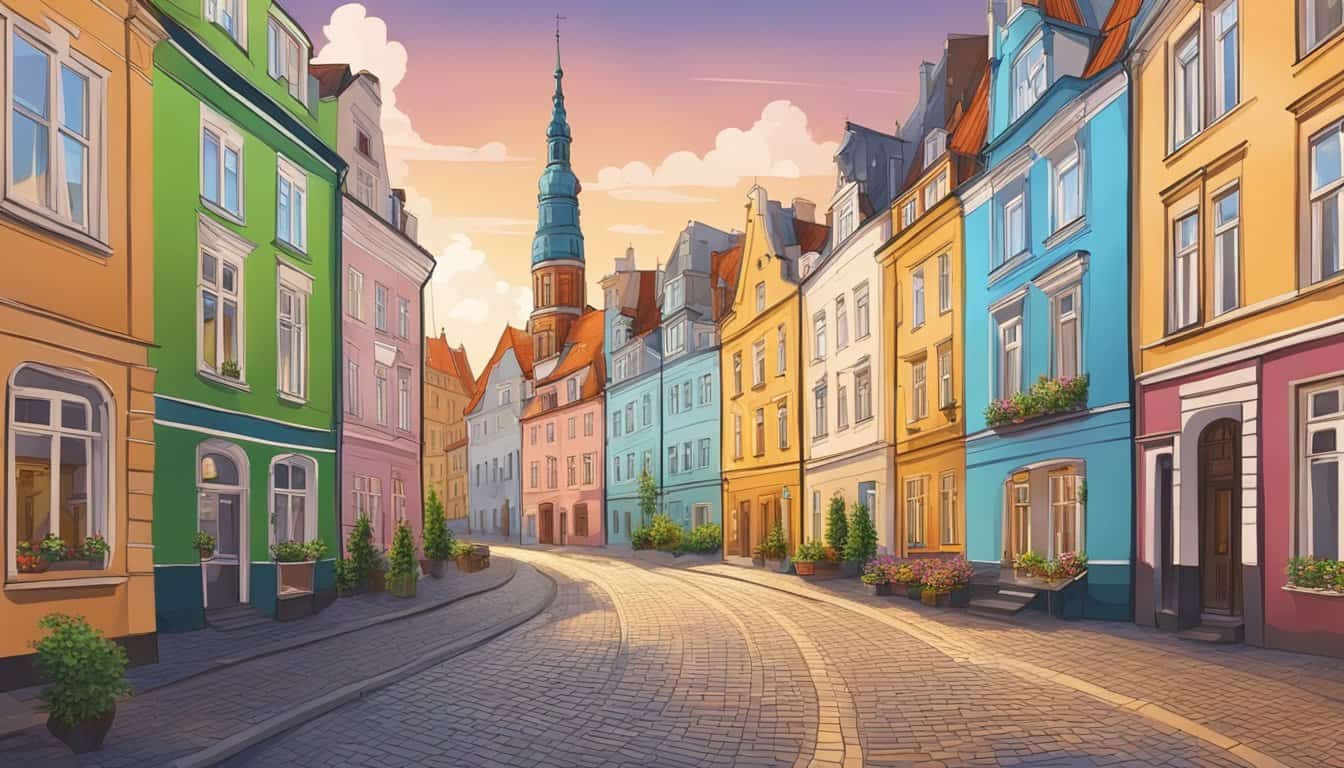 A colorful street in Riga with charming old buildings and vibrant signs leading to the best hostels