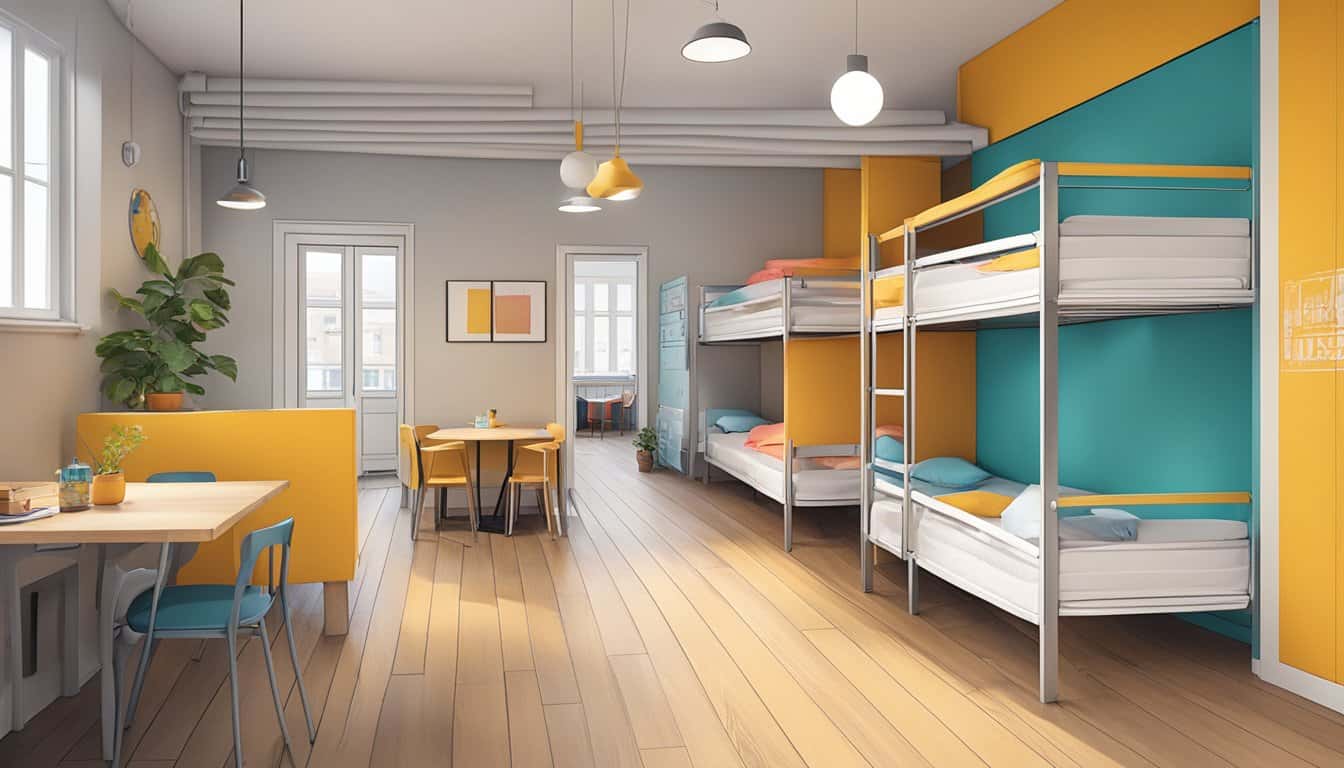 A cozy hostel in Tallinn, with colorful bunk beds, communal kitchen, and friendly atmosphere
