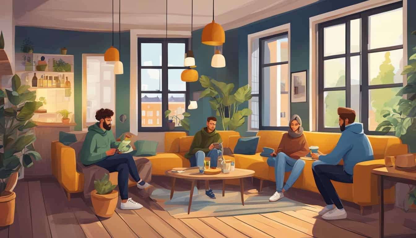 A cozy common area with travelers chatting, playing board games, and enjoying a warm drink in the best hostels in Tallinn