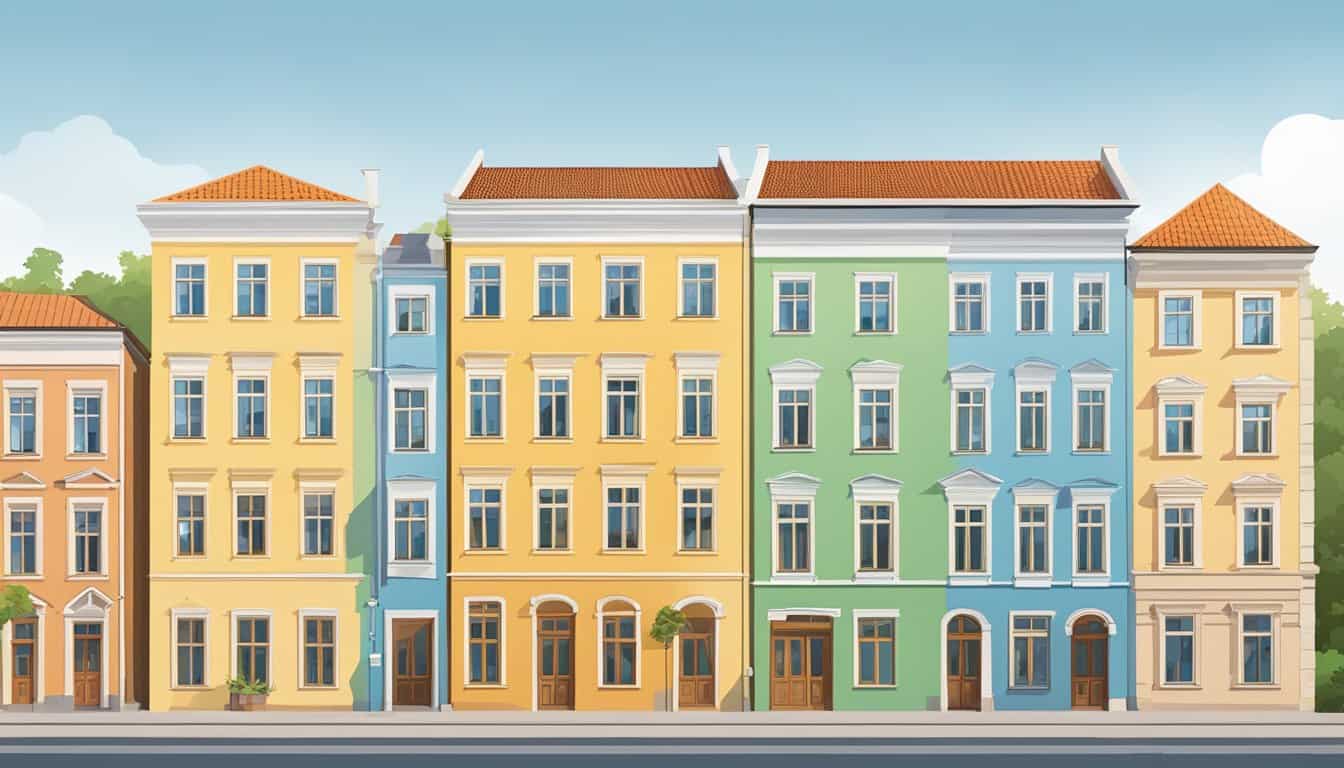 A row of colorful hostel buildings in Vilnius, with welcoming signs and open windows