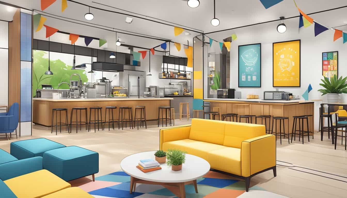 Colorful signage and flags adorn the entrance. A cozy common area features a communal kitchen, comfortable seating, and a book exchange. Clean and modern bathrooms offer hot showers and fresh towels