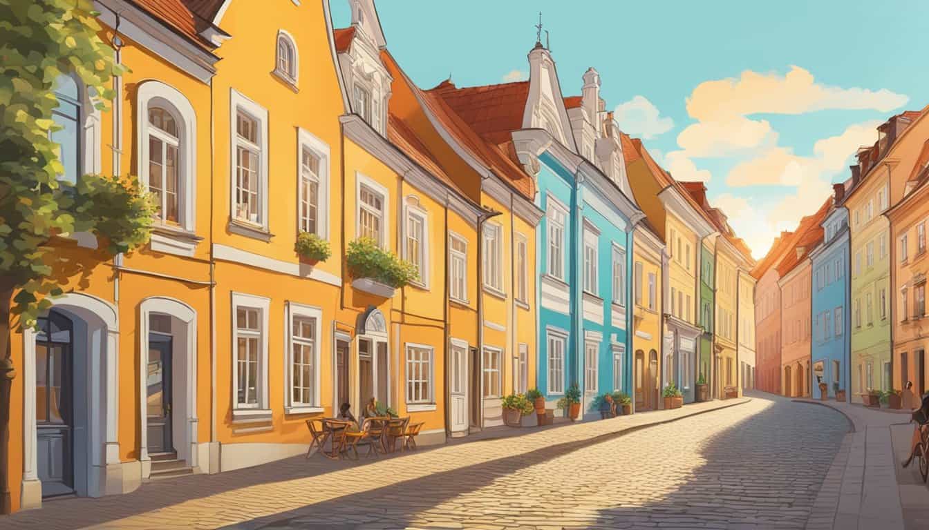 A row of colorful buildings line a cobblestone street in Vilnius, with vibrant signs advertising the best hostels. The sun casts a warm glow on the scene, and tourists can be seen chatting and exploring the area