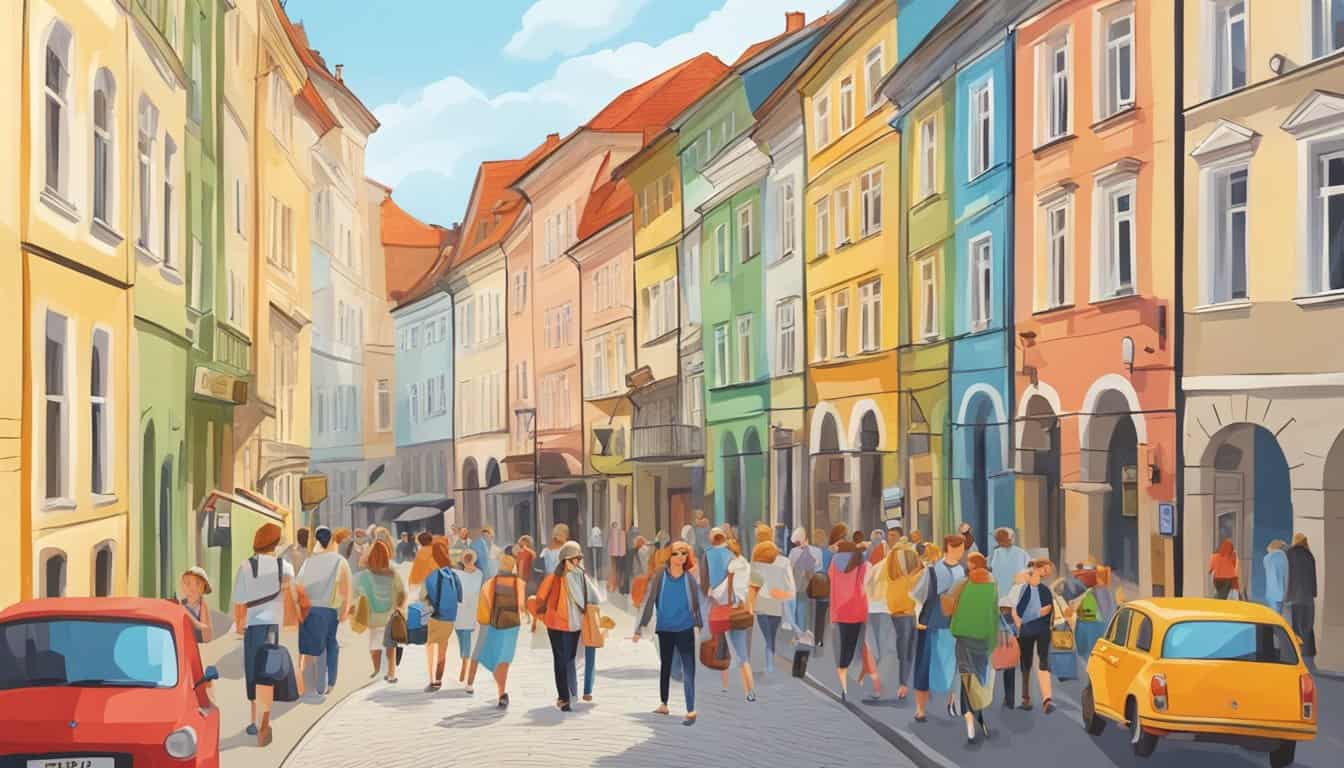 A bustling street in Vilnius, with colorful hostel signs and tourists exploring the city