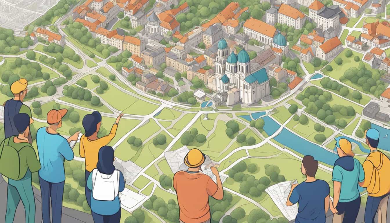 A group of travelers gather around a map, discussing their stay in Vilnius. They point to different hostels and compare amenities, excitedly planning their upcoming trip