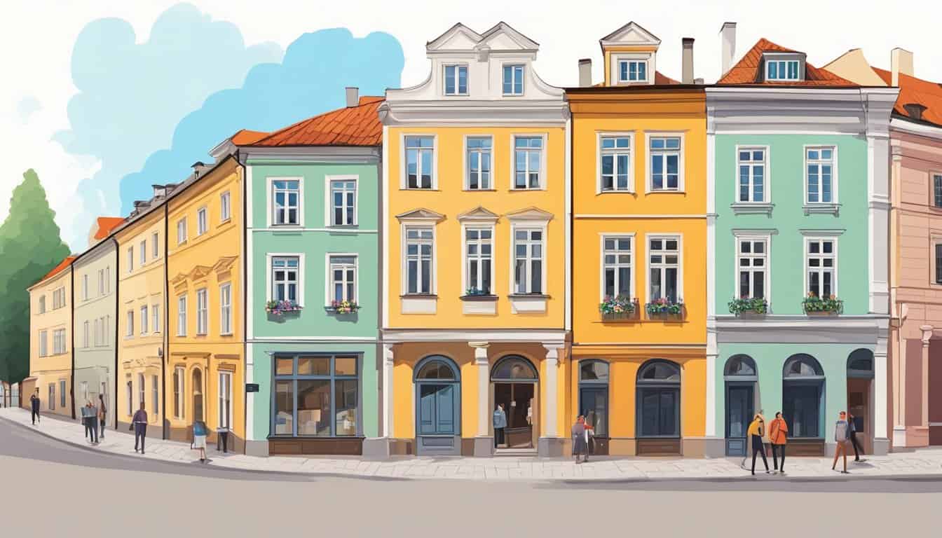 A row of colorful buildings with welcoming signs and open windows in the historic district of Vilnius, bustling with tourists and backpackers
