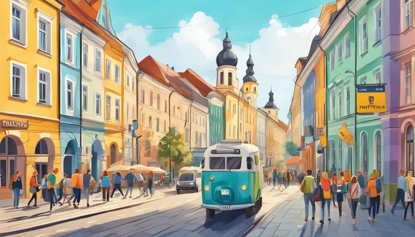 A bustling city street with colorful hostel signs, happy travelers, and a vibrant atmosphere in Vilnius, showcasing the top-rated hostels in the city