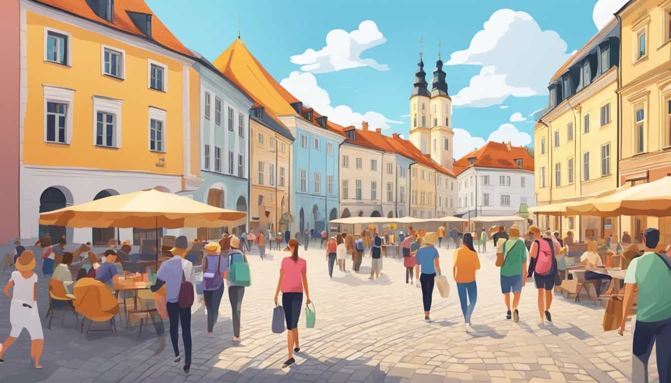 A bustling city square with colorful hostel signs, cobblestone streets, and lively tourists exploring Vilnius
