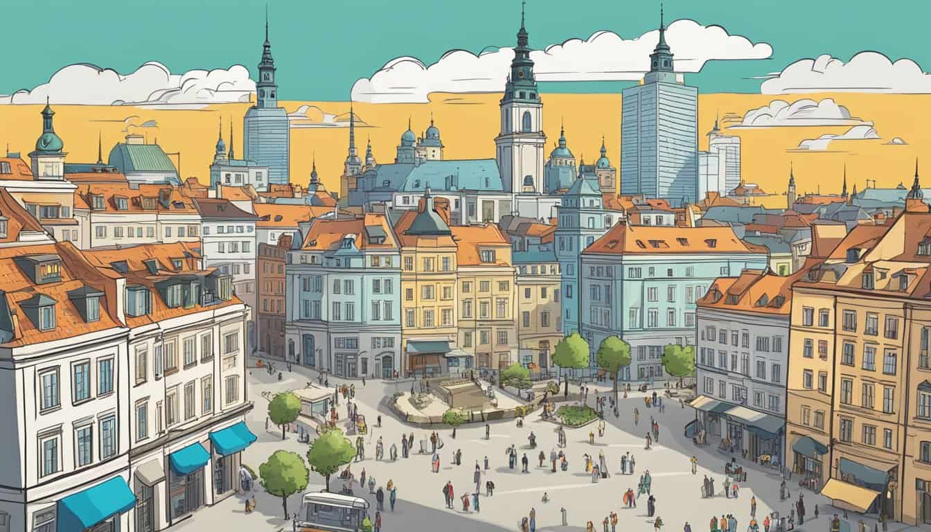 The bustling city of Warsaw is depicted with vibrant hostel buildings and a map with "Planning Your Stay" highlighted