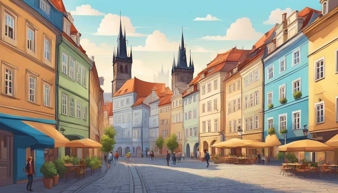 A colorful street in Prague with charming old buildings, cobblestone streets, and cozy hostels with vibrant signage