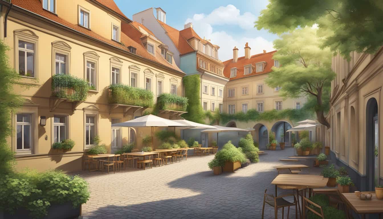 A serene courtyard with cozy buildings nestled in the heart of Prague, surrounded by lush greenery and a peaceful atmosphere
