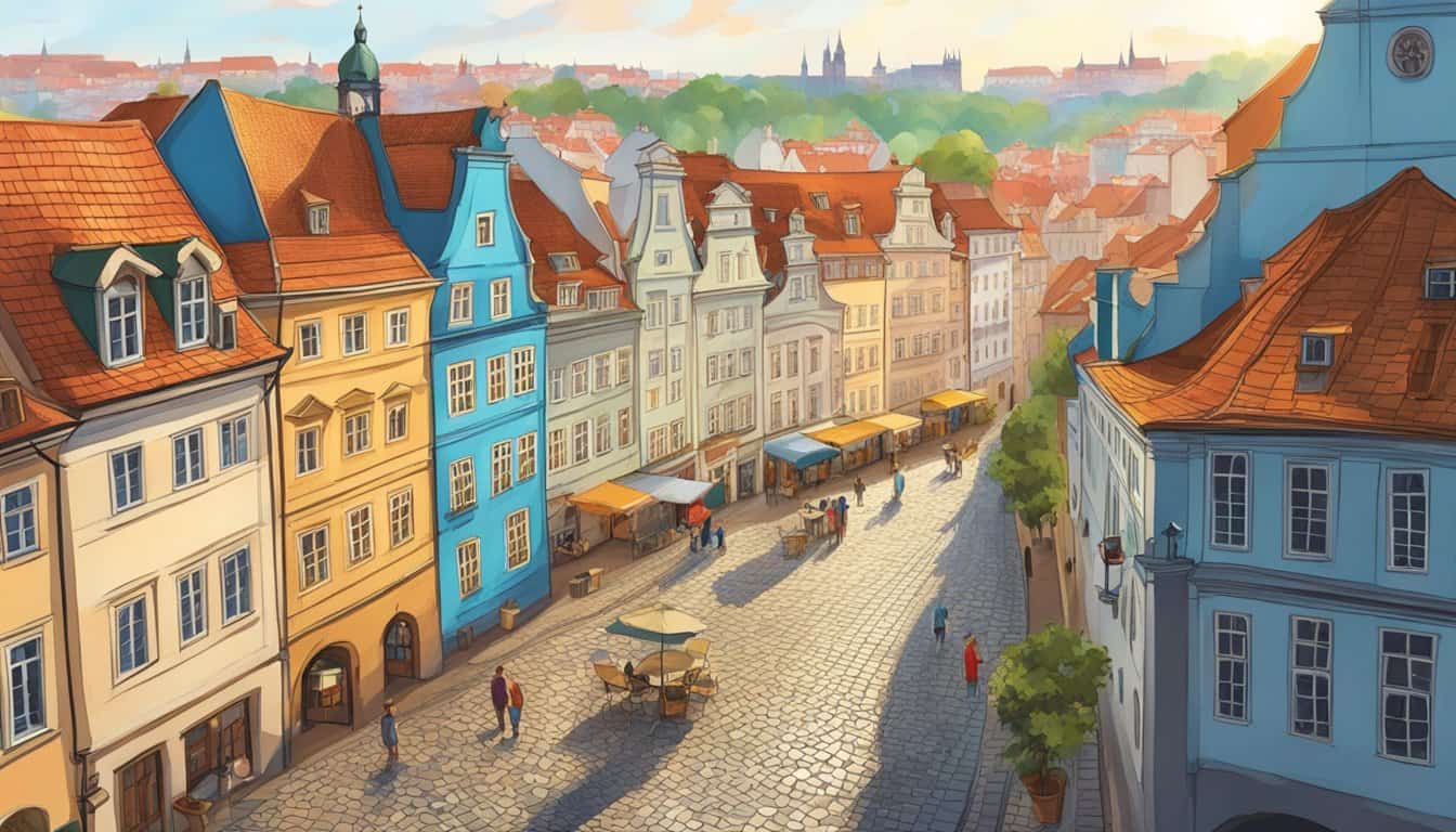 Colorful buildings line cobblestone streets in Prague. A lively atmosphere surrounds the best hostels, with tourists chatting and exploring the city